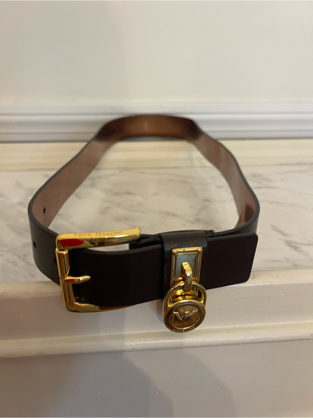 Michael Kors Dark Brown Leather Belt with Gold Charm Buckle